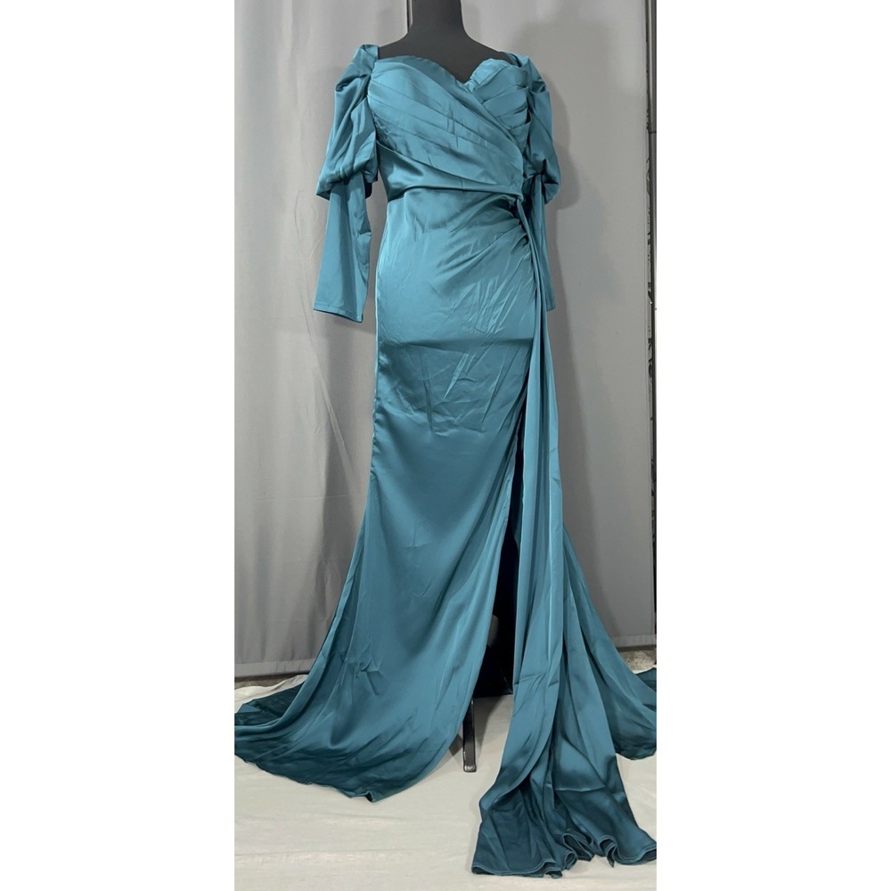 Green Satin A-line Long Sleeve Prom Gown Wedding Guest Cocktail Evening Dress #J